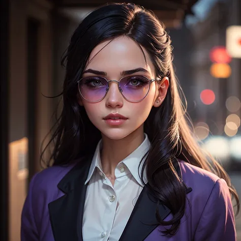 a close up of a woman wearing a purple coat and sunglasses, girl in a suit, in the art style of bowater, girl in suit, artwork in the style of guweiz, ilya kuvshinov with long hair, hyperrealistic schoolgirl, liliana vess, digital art of an elegant, realis...