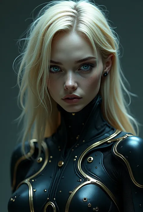 alien biomechanical in stealth suit,, blonde, blue eyes, masterpiece, appealing, looking at viewer