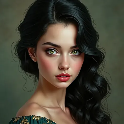 A portrait of my character Hermione. It has an intense and striking beauty, long black shiny wavy hair in a neat bun. your great, expressive eyes were green., with a penetrating gaze that highlighted his striking features. Her skin was fair and her lips we...