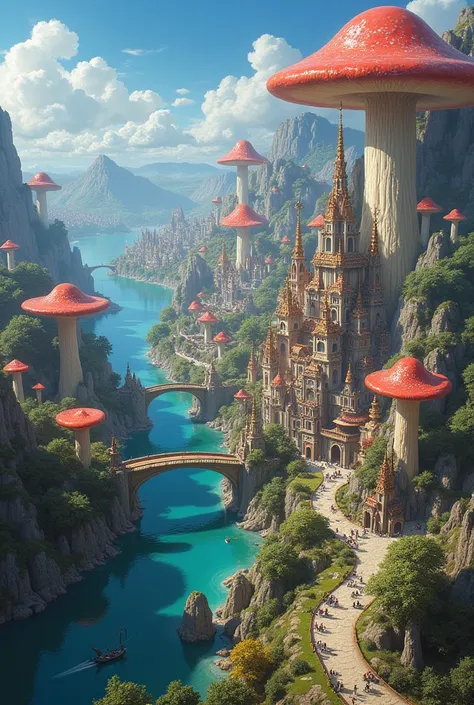 (masterpiece:1.2), extremely intricate details, ff14style, dynamic painting, depicting a bustling city with a majestic bridge spanning wide rivers, surrounded by towering giant mushrooms. The vast landscape bursts with vivid colors 