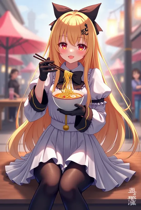 masterpiece, top quality, bewitching pose, full body wide angle, smile, (sitting:1.1) ,ichiraku ramen, (eating ramen noodles:1.0), holding chopsticks and ramen bowl, slurp ones noodles,, silence suzuka (umamusume), black gloves, white skirt, pleated skirt,...