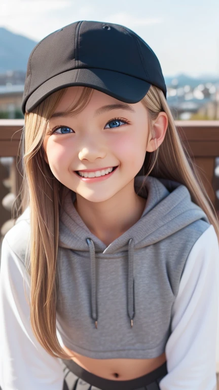 Best Quality、4K quality、Realistic、、zoom、cute、Blue-gray eyes、Blonde、Long Hair、White hoodie、mini skirt、Large black baseball cap、Flat Chest、Close-up of face、smile、Landscape