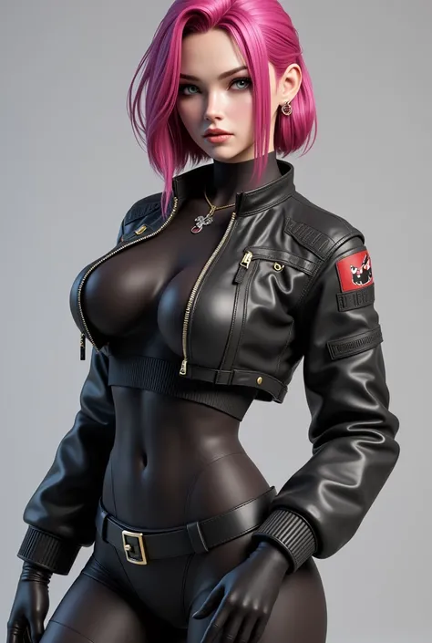 3d render, A pink haired metal gear solid character, wearing a jacket, intricate details, she has a stunning figure with small waist and wide hips, full dressed 