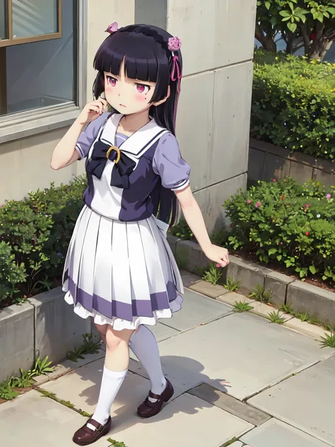 ruri gokou, 1 female, solo, ((summer uniform)), hime cut, black hair, long hair, mole, blush, red ribbon, garden, full body