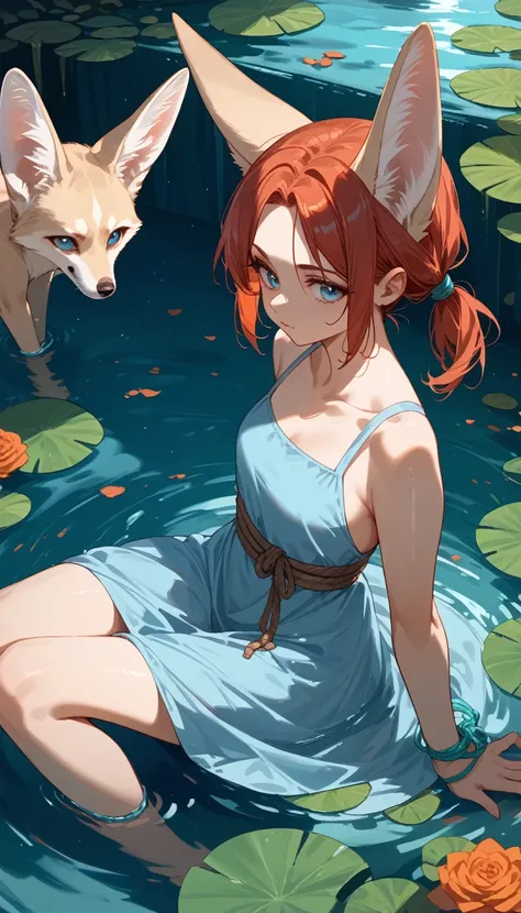 a girl,short orange-red hair tied up (low ponytail) with a water green elastic,whitish blue eyes (blind),black fennec fox ears,a...