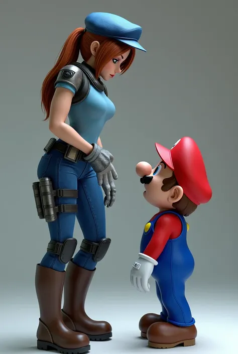 Jill Valentine from Resident Evil kiss Mario from Super Mario. 8k HD High Quality. Full body fron head to toe. Jill Valentine is wearing a a pair of blue assault pants with a light blue formfitting shirt and shoulder/neck armor, knee high boots, completed ...