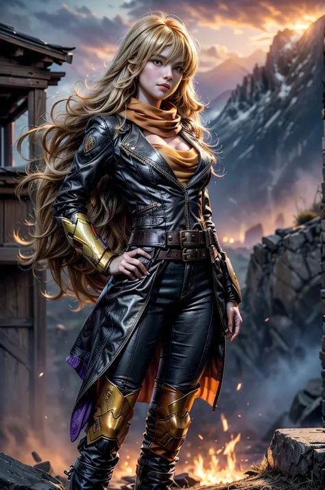 masterpiece,best quality,1girl,yang xiao long, very long hair, ahoge, purple eyes, power suit, orange scarf, large breasts, prosthetic arm, boots, belt, ,standing,cowboy shot,standing on mountainside, overlooking village,post-apocalypse, dystopian future, ...