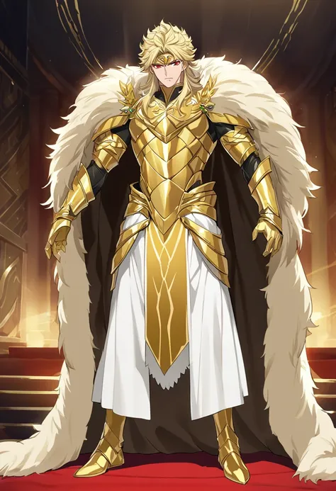 A full-body illustration of Commodus, dressed in a golden pilot-suit inspired armor similar to those worn by the characters in the anime Kakumeiki Valvrave. The armor covers his entire body, gleaming with a regal and imposing shine. Around his waist, over ...