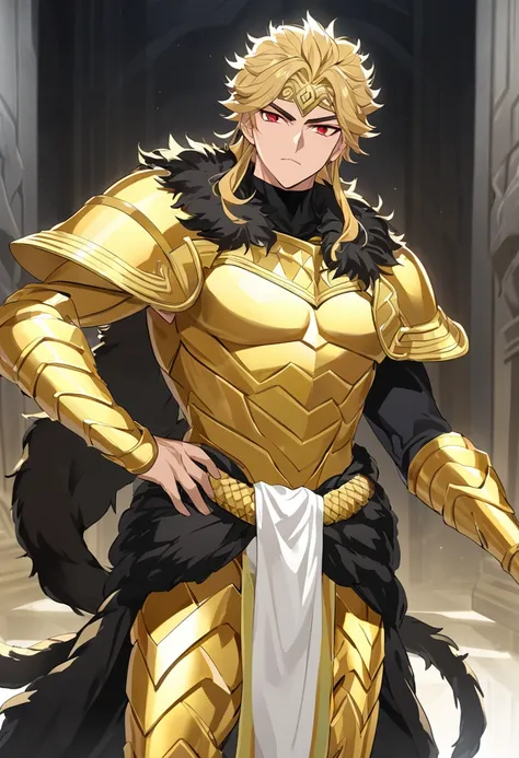 A full-body illustration of Commodus, dressed in a golden pilot-suit inspired armor similar to those worn by the characters in the anime Kakumeiki Valvrave. The armor covers his entire body, gleaming with a regal and imposing shine. Around his waist, over ...