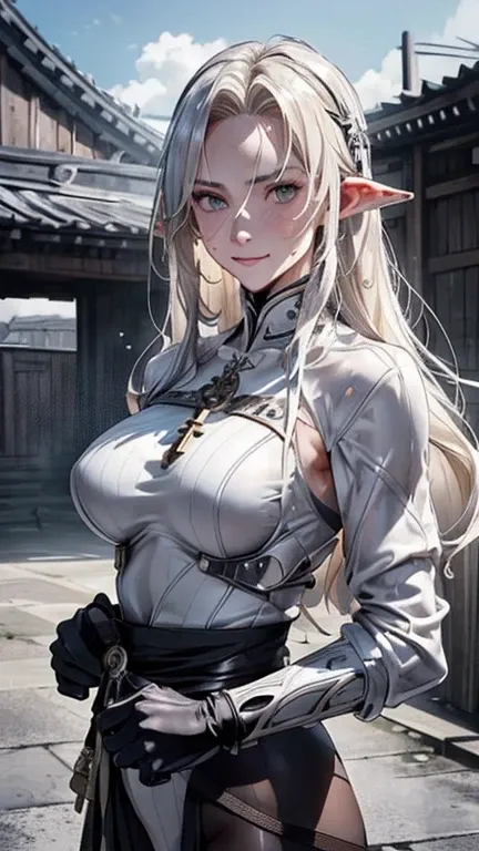 masterpiece, Best Quality, Highly Detailed CG Unity 8K Wallpapers,((One very beautiful woman, whole body)), ((Hangar)), (Long pointy ears), Elegant long wavy platinum blonde hair, ((Average chest size, Self-illuminating skin)), ((Exposed Urban Samurai gear...