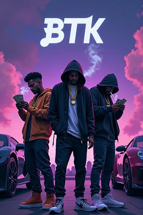 You said:
Can you generate me an image of 3 men wearing gang fit styles and their counting money and smoking sigs while standing and also make the sky look purple and blue put some clouds put super cars behind them and the Logo BTK behind them make it the ...