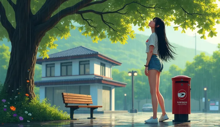 Hot summer beautiful sexy woman looking up at falling rain while waiting for man, Standing just below the bench under the big green ginkgo tree, black long hair,The trees and pretty little flowers next to it sway in the summer breeze and still have their g...