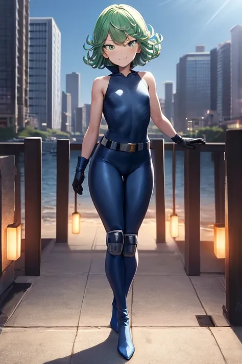 Masterpiece, best quality, ultra detailed, illustration, lighting epic, cinematic composition, 1 girl, Tatsumaki, short hair, green hair, very small breasts, green eyes, bright eyes, smiling, blushing, closed mouth, piercing gaze, full body, Black Collar, ...