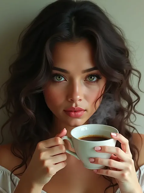 Latina woman with white skin, curly hair and green eyes drinking coffee