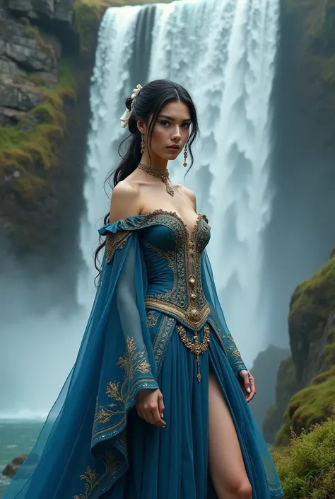 Create a detailed poster of fantasy-inspired portrait of a dark-haired, noble woman standing near a waterfall. She wears a flowing blue gown adorned with golden embroidery and intricate patterns. The gown features an elegant, revealing her beautiful body d...