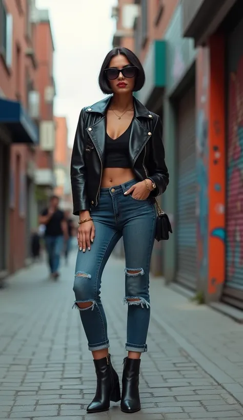 A fashionable woman with a sleek bob haircut and bold makeup. She wears a trendy outfit consisting of a leather jacket, high-waisted jeans, and ankle boots. Her accessories include oversized sunglasses, hoop earrings, and a crossbody bag. The background is...