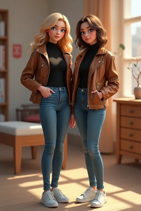 8k HD High Quality image. Disney- Pixar art style. British white woman has an ideal body, wavy sexy body, big breast, big butt, and blue eyes and blondd hair. She is wearing a brown leather jacket, black turtleneck, super tight skinny jeans, and light blue...