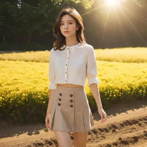 Best Quality、High resolution、32K,photograph、Photorealistic 1girl、(Black cut and sew、Beige mini skirt、jewelry)、Lens Flare、Natural soft light、Backlight、brown hair、flower々Buried in