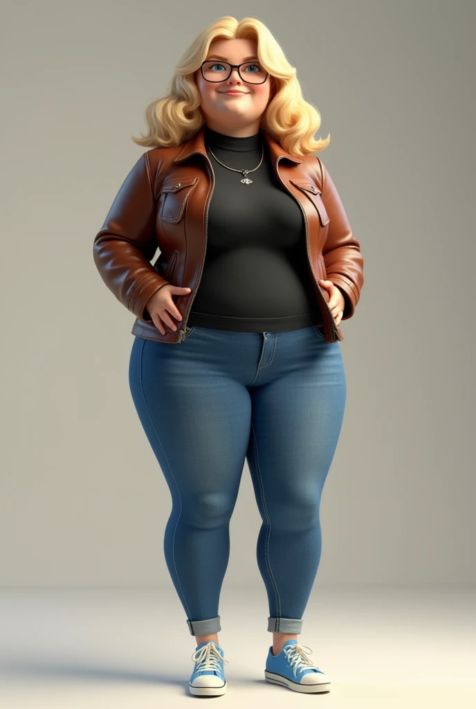 8k HD High Quality image. Disney- Pixar art style. 1 British white woman has an ideal body, wavy sexy body, big breast, big butt, and blue eyes and blonde hair. She is wearing a brown leather jacket, black turtleneck, super tight skinny jeans, and light bl...