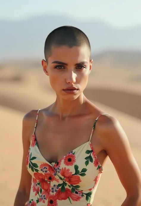 beautiful woman, short severely shaved undercut hair, wearing a floral sun dress, very short dark hair, dress flowing in the warm breeze of the desert