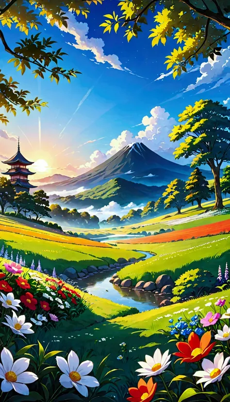 cenário de anime with flowers and trees in the background, uma pintura digital de Kubisi art, vencedor do concurso pixiv, process art, fundo de anime art, natureza anime, natureza anime wallpap, beautiful cenário de anime, Paisagem de anime no campo, anime...