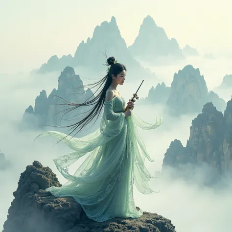 Double exposure, Chinese painting of mountains and clouds, an exotic beautiful chinese goddess of music. Ultra-realistic. 