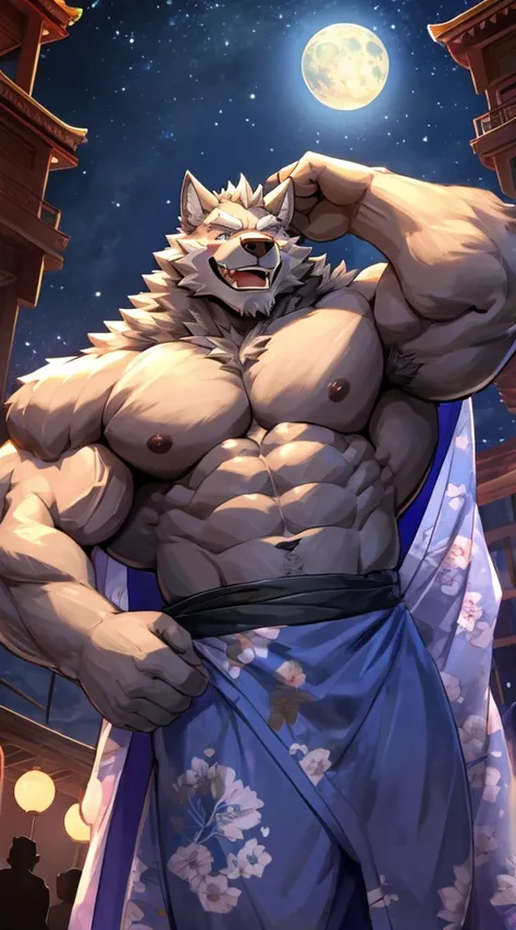 Solitary,masterpiece,high quality,(Detailed eyes),毛茸茸的公Wolf,((Wolf)),Huge muscles,Huge body,Looking at the audience,Japanese cartoons,Viewers,Flexing muscles,((yukata)),night,moon,Growth,(由 null-ghost),Pino Deheny，One hand touches the back of the head，Squi...