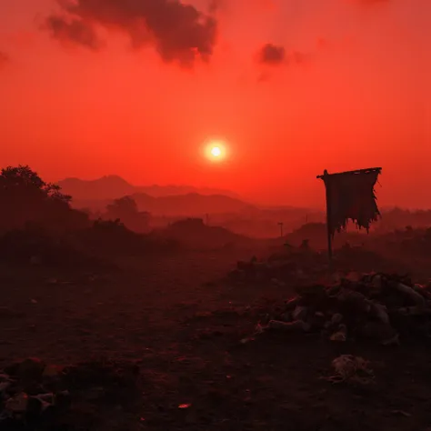 On a vast ancient battlefield, abandoned war flags and damaged weapons are scattered on the ground, the battlefield under the sunset appears particularly desolate. The colors are mainly the earthy brown of the battlefield and the reddish orange of the suns...