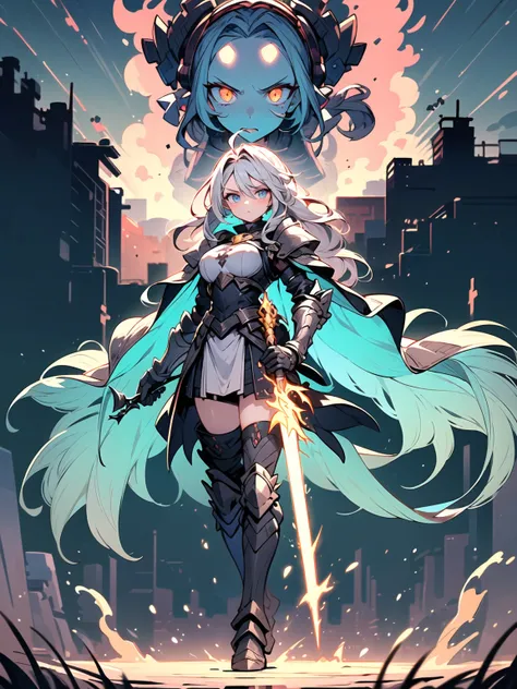 (((masterpiece, best quality, high detailed, 16k))) (1girl) A majestic and powerful warrior goddess with flowing golden hair and piercing storm-blue eyes. Her armor is bright, glowing gold, and white, crackling with arcs of lightning. She wields a massive ...