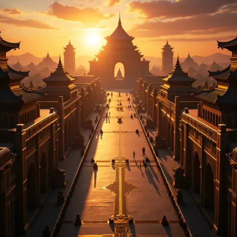 An ancient imperial city appears solemn and mysterious under the setting sun, with its buildings shining brightly in the sunlight. The colors are mainly golden in architecture and red in the setting sun, and the light and shadow are mainly the radiance of ...