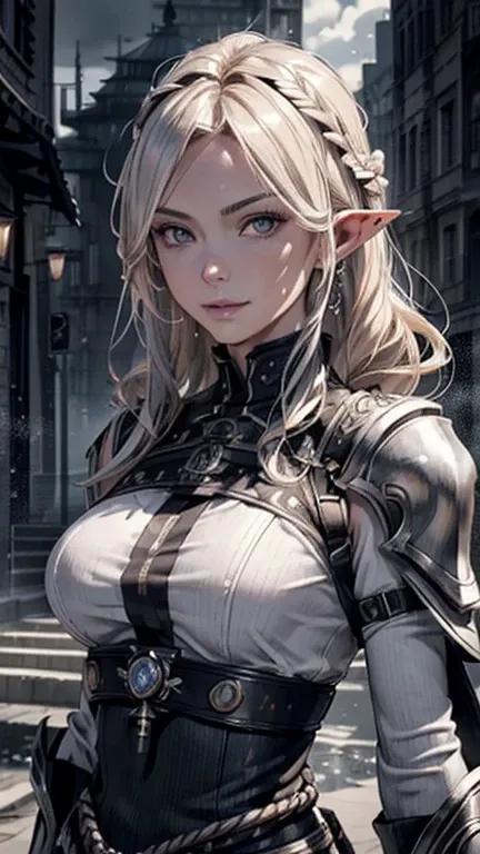 masterpiece, Best Quality, Highly Detailed CG Unity 8K Wallpapers,((One very beautiful woman, Upper body portrait)), ((Conquered city)), (Long pointy ears), Elegant long wavy platinum blonde hair, ((Average chest size, Self-illuminating skin)), ((Exposed U...