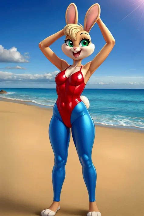 Cartoon bunny full length slim in red lycra swimsuit on the beach with happy face green eyes blue leggings