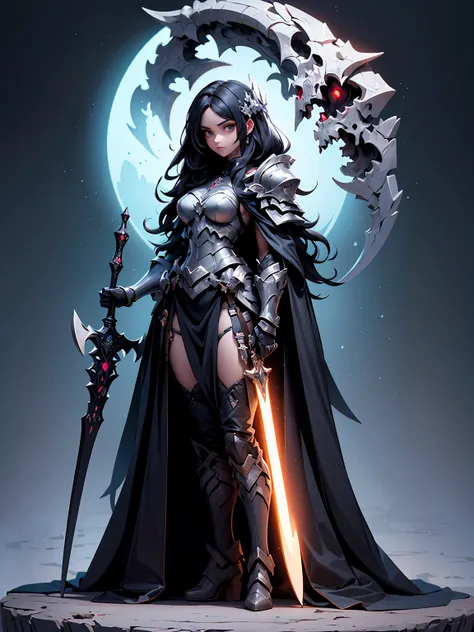 (((masterpiece, best quality, high detailed, 16k))) (1girl) A beautiful and imposing female figure with long, flowing black hair and cold, piercing silver eyes. She embodies the quiet finality of death, draped in a shadowy cloak made of swirling darkness. ...