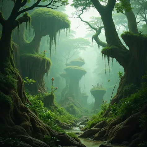 In a mysterious magical forest, ancient trees and strange plants form a magical world, shrouded in a hazy mist. The colors are mainly green of the forest and white of the mist, and the light and shadow are mainly mottled through the leaves. The details are...