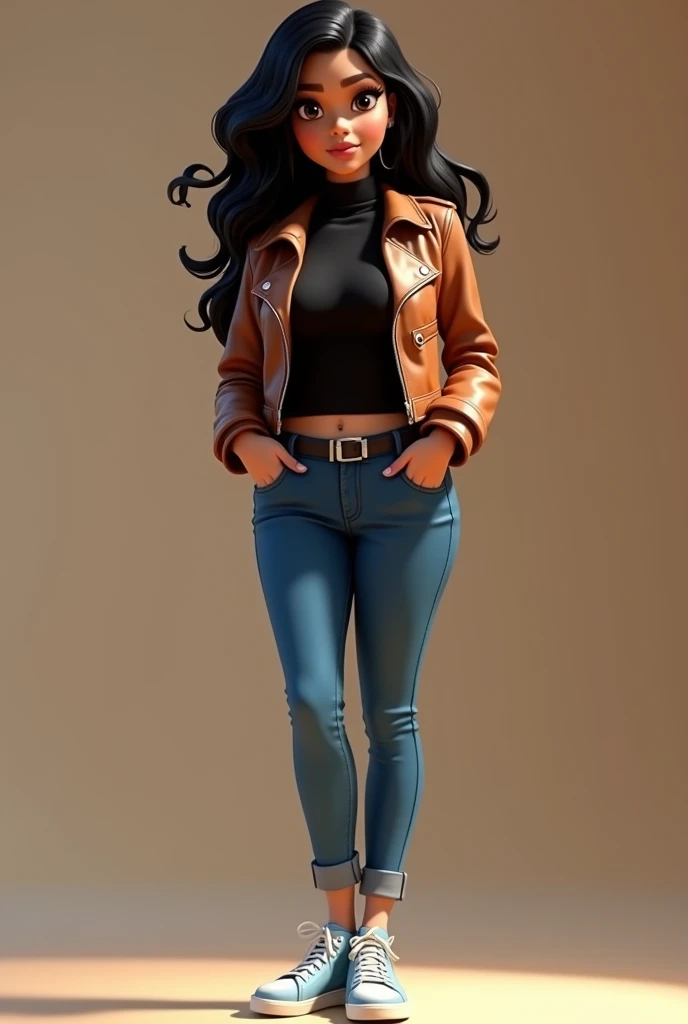 8k HD High Quality image. Disney- Pixar art style. Latina woman has an ideal body, brown skin, wavy sexy body, big breast, big butt, and black eyes and black hair. She is wearing a brown leather jacket, black turtleneck, super tight skinny jeans, and light...