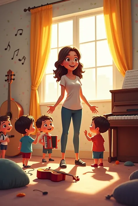 A Music Teacher, 4, medium hair with waves. A music room with musical wallpaper, electric piano floor, accordion on the floor, ukulele on the floor and 5 babies exploring instruments and all happy with no window
