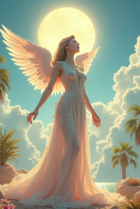 your thoughts become your reality cloud, sky, and sun in the background, palms, see. renaissance aesthetic, pastel colors aesthetic, intricate fashion clothing, highly detailed, surrealistic, digital painting, concept art, sharp focus, illustration, unreal...