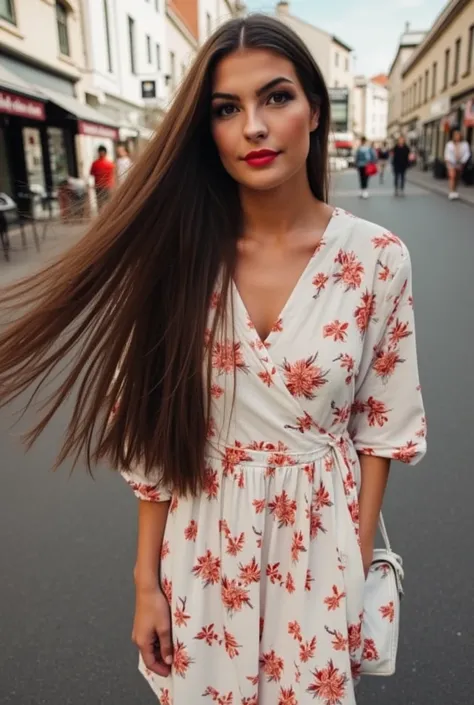 beautiful woman, very long waist-length hair, wearing a floral sun dress, dark hair, dress flowing in the warm breeze of the cit...