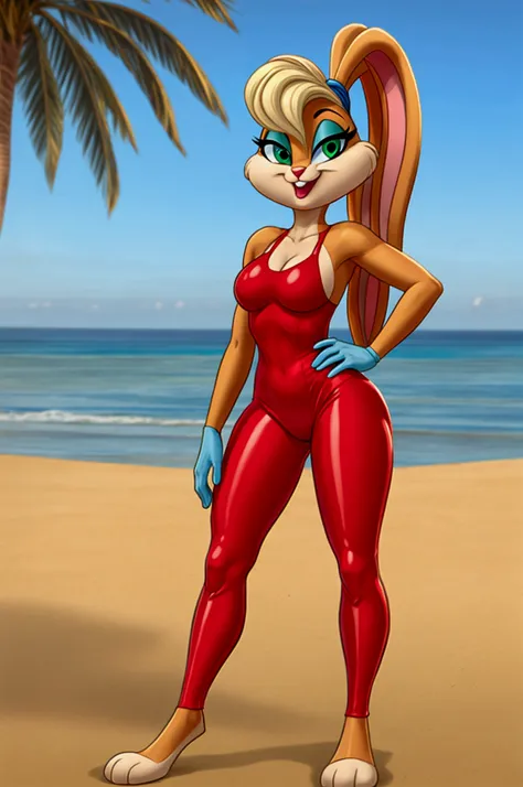 cartoon bunny full length slim in red lycra swimsuit on the beach with happy face green eyes blue lycra pants