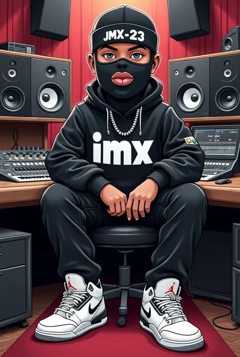 white man "Cartoon style cartoon drawing", rapper in the studio logo black and white clothing "JMX-23" white Jordan retro 3 sneakers and wearing a balaclava with an opening in the mouth showing closed lips 

