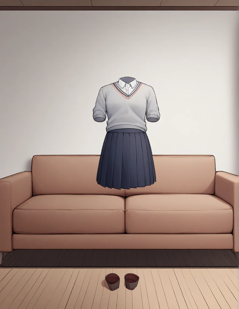 An empty school uniform consisting of a light gray sweater with a white-collared shirt underneath and a dark pleated skirt, standing upright in a cozy, modern living room. The room features wooden floors, a light-colored rug, and a couch with soft pillows ...