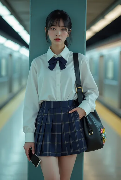 Front View, Close-up of upper body, (8k, Live Shooting, Best Quality:1.21, masterpiece:1.21), (Genuine, Realistic:1.37), Beautiful Japanese woman, Cute Japanese Woman, Flat Chest:1.37, legs apart:1.21, Uniforms of prestigious Tokyo Metropolitan High School...