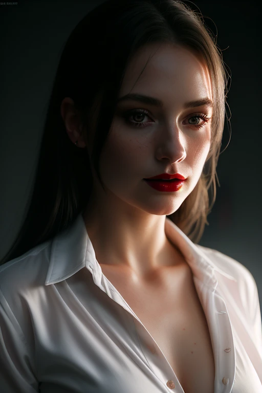 close up, beautiful girl, Victoria Adams, physical rendering photo of a girl, , red lipstick, Unbuttoned, white blouse, black background, light on the face, , Magical atmosphere, cinematic lighting, ashes, Fantasy, action pose, mist, RAW photo, 8K UHD, fil...