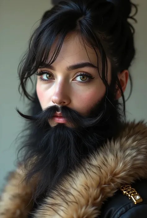 Ultra-Realistic, Precision portrait, a young circus bearded woman, with a natural real shaggy beard no moustache, with tightened hair, wears circus outfit with massive animal fur coat, beautiful make-up, beautiful eyes and eyelashes, looking at the viewer,...