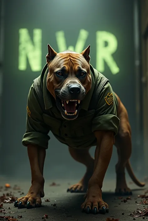 Vicious snarling brown pit bull/staffordshire terrier dog mix soldier in a Halloween background with the letters NWR glowing in the background 