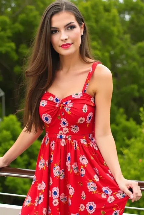 "bald" beautiful woman, wearing a red floral sun dress, dress flowing in the warm breeze of the tropics