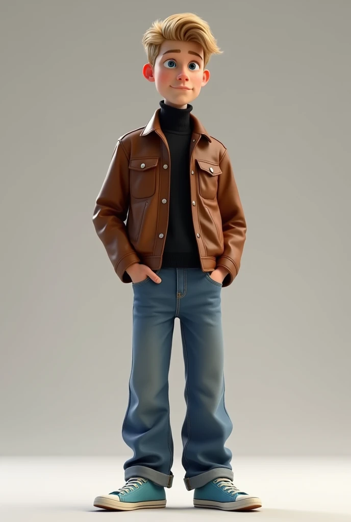 8k HD High Quality image. Disney- Pixar art style. British young white man has a skinny body, and blue eyes and mushroom blonde hair. She is wearing a brown leather jacket, black turtleneck, oversized jeans, and light blue sneakers. FULL BODY FROM HEAD TO ...