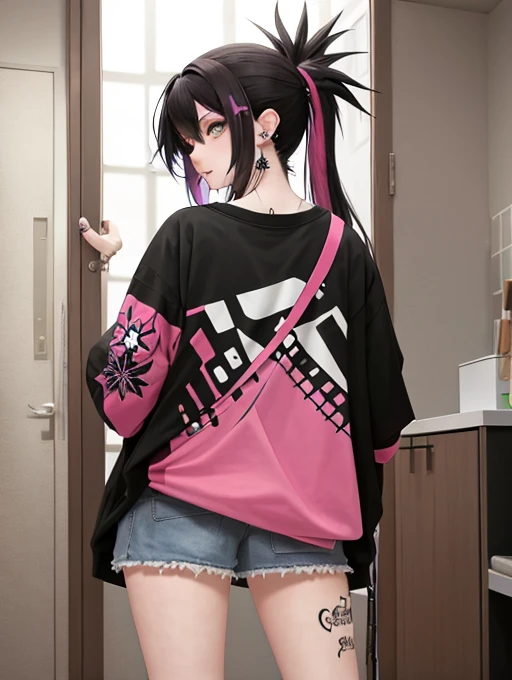 masterpiece, best quality, PIXIV, cool girl, lots of piercings, earrings, tattoos, black hair, pink dip-dye hair, gray eyes