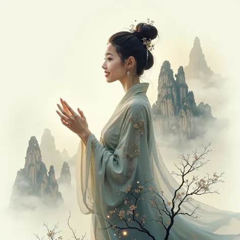 Double exposure, Chinese painting of mountains and clouds and subtle impression of music, an exotic beautiful chinese goddess of music.