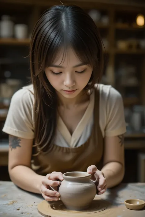 photo of Japanese girl, 1girl, face on focus, long hair, brown hair, 

The image depicts a young woman immersed in the craft of pottery. She is gently shaping or decorating a pot with a focused and serene expression, indicative of concentration and skill. ...